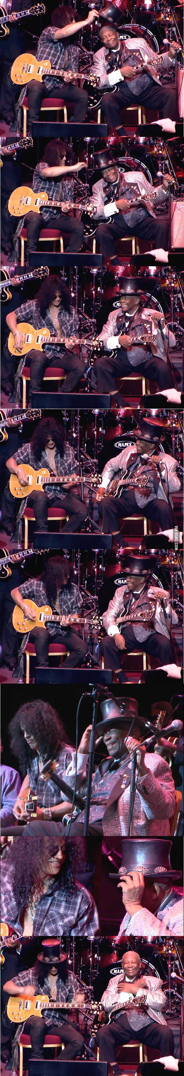 B.B. King may be one of the only people that could ask Slash for his hat, and get it. He looks like a happy little kid.