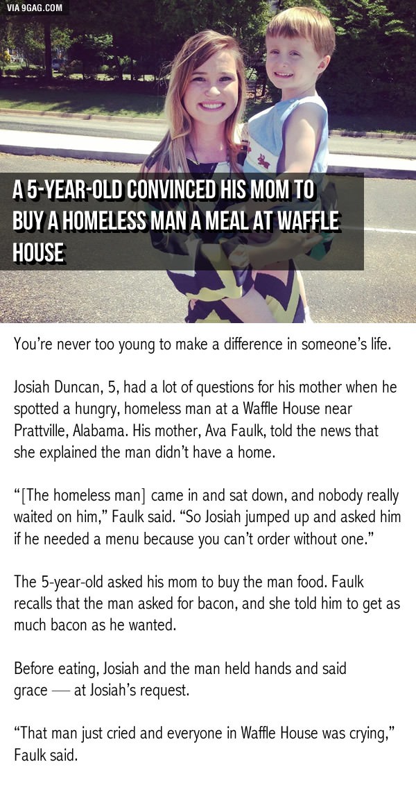 5-year-old convinced his mom to buy a homeless man a meal at Waffle House