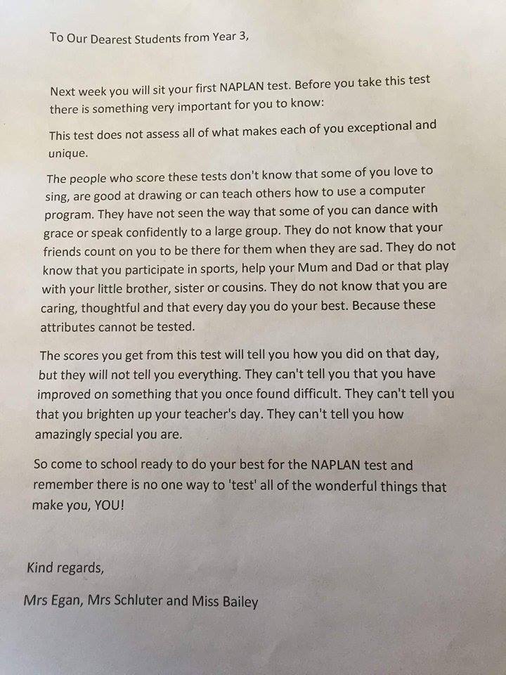 A Group Of Teachers Sent Out This Letter To Third Graders Before A National Standardized Test