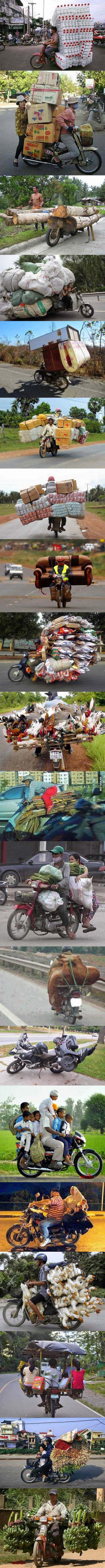 Heavily loaded motorcycles in Asia