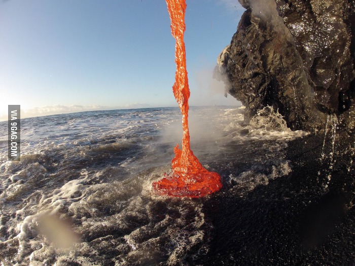 Lava hits the beach