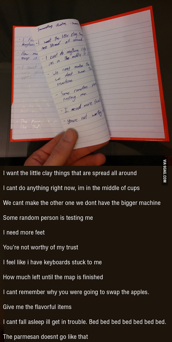 This guy&#039;s girlfriend sleep-talks a lot. He writes down the best ones when he can.