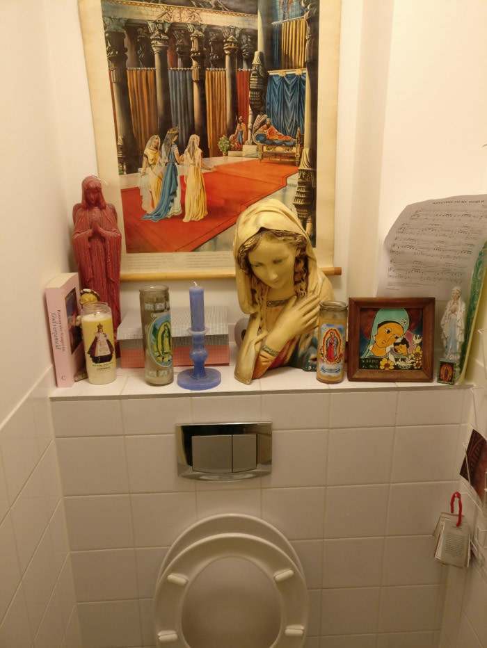 Every time I take a piss, holy Mary looks at my dick like &quot;Oh my!&quot;