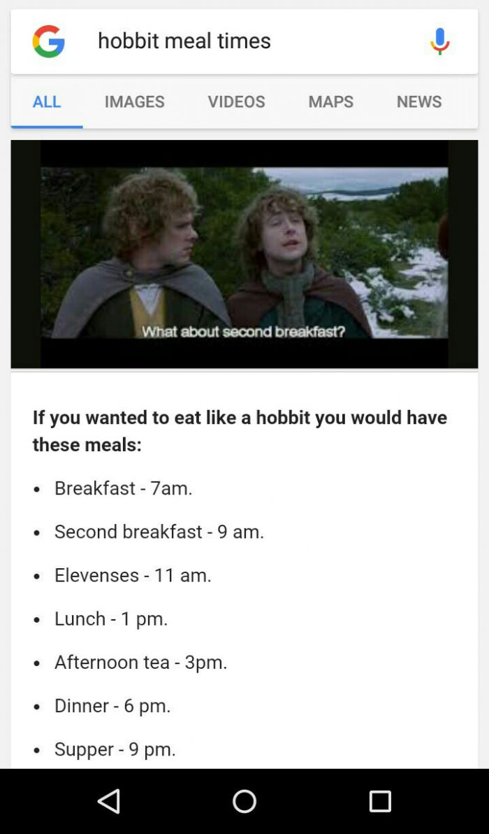 If you ever wanted to be a hobbit, Google tells you hobbit meal times