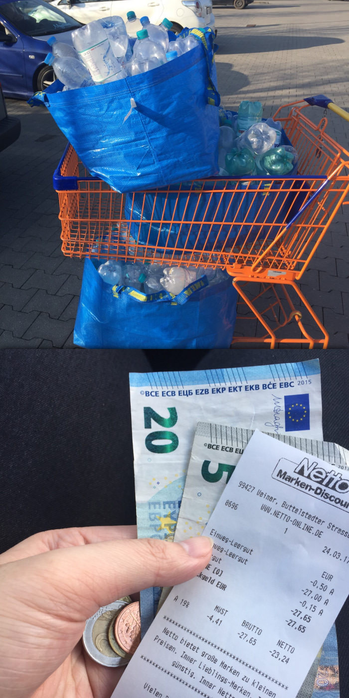 If you return plastic bottles, you get money for every bottle. Happy broke student. [German thing]