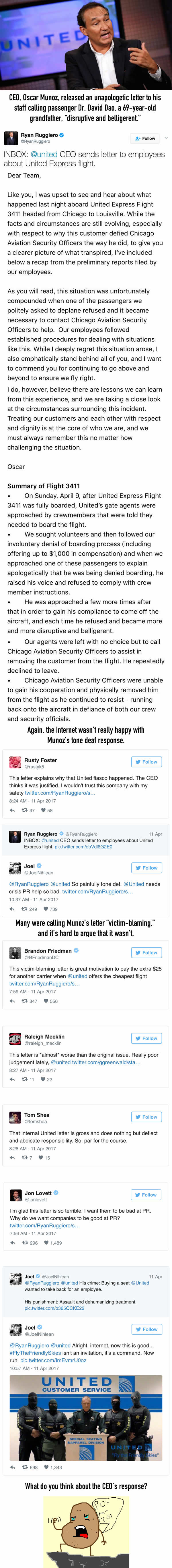 Letter From United CEO Calls Flier &#039;Belligerent,&#039; Ignites Anger From Public