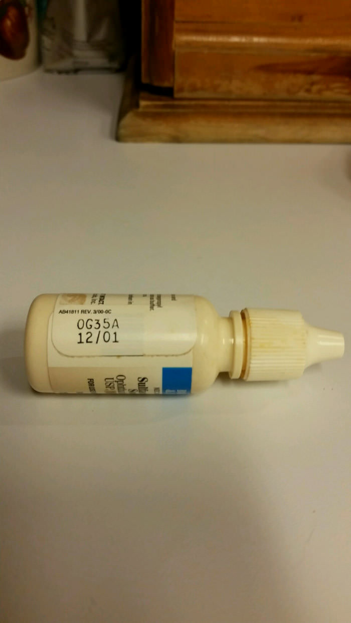 My eyes were dry today and my grandmother gave me this eyedropper to help. It expired in 2001.