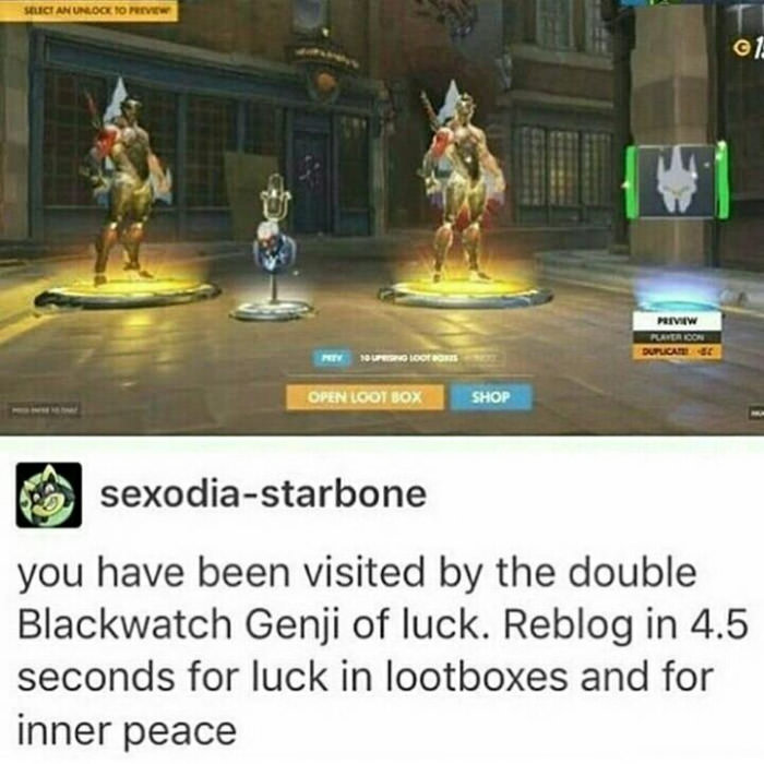 When I get a legendary it&#039;s always currency or those emo skins for tracer and Zarya