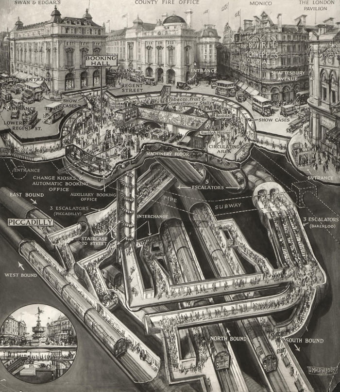 Piccadilly Circus station like you&#039;ve never seen it before! Sectional drawing, 1928