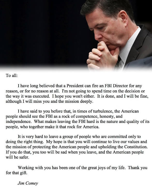 The farewell letter James Comey just sent his former FBI colleagues