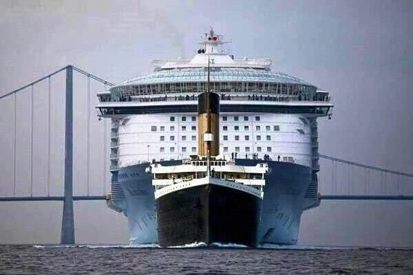 A photograph showing the size comparison between the Titanic and a modern-day cruise ship